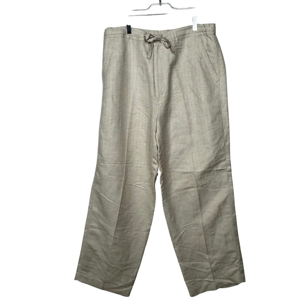 CUBANERAS Linen Blend Drawstring‎ Waist Wide Leg Pants Beige Size Large
